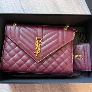 Saint Laurent Monogram Medium Envelope Purse with Matching Card Holder Burgundy